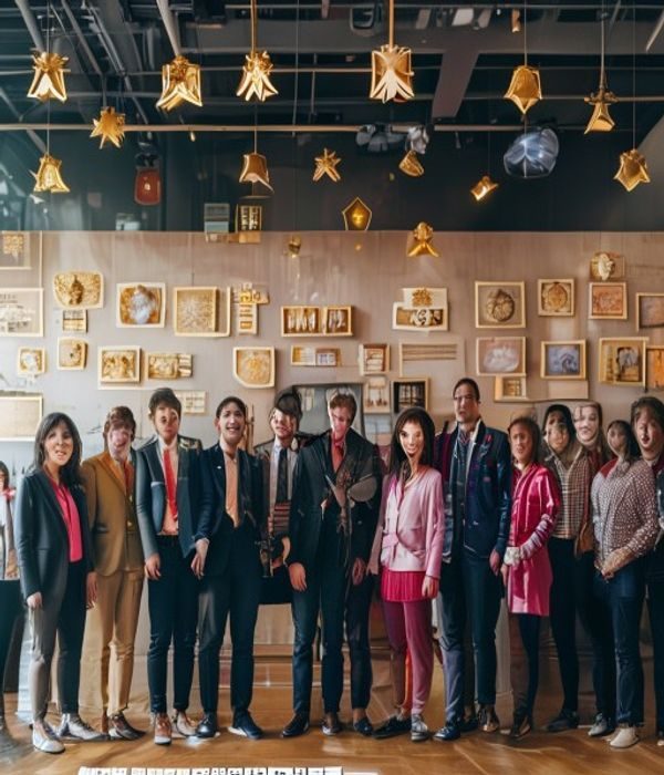 恋足网站发展历程回顾展示，团队成员在公司纪念墙前合影，背景展示历年重要里程碑与荣誉奖牌，氛围温馨而充满成就感